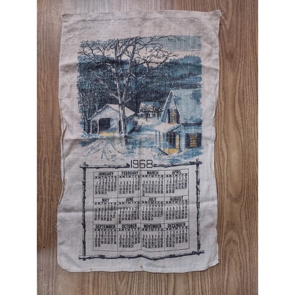 Vintage 1968 Linen Calendar Tea Towel Winter Covered Bridge Snowy Scene Decor